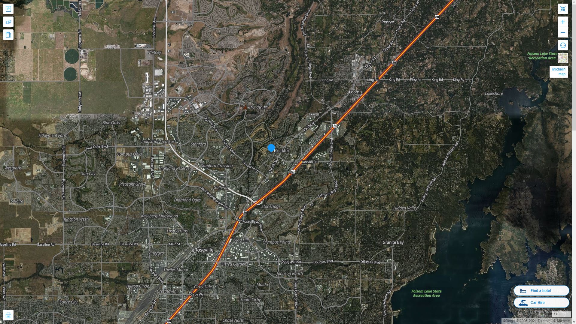 Rocklin California Highway and Road Map with Satellite View